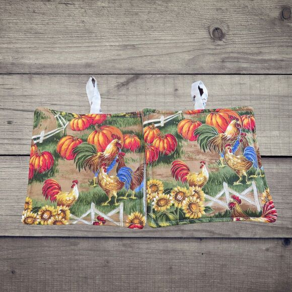 Handmade Potholder, Set of 2, Reversible Fall Pumpkins Roosters and Chickens - Picture 2 of 6